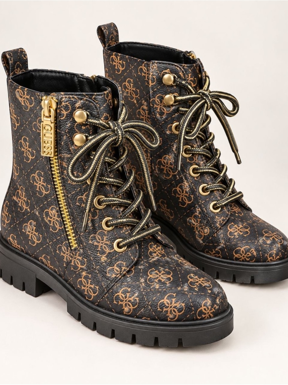 GUESS Black & Brown Logo-Print Lace-Up Combat Boots with Gold Hardware